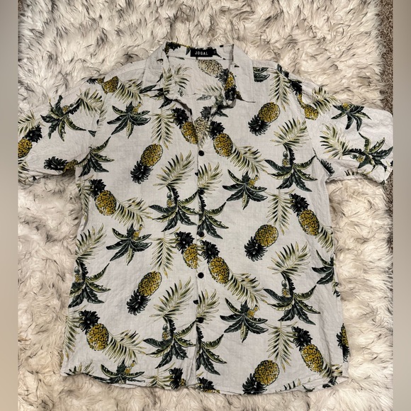 Jogal• Men's Pineapple Tropical Print Casual Button Up Shirt Short Sleeve - Picture 3 of 7